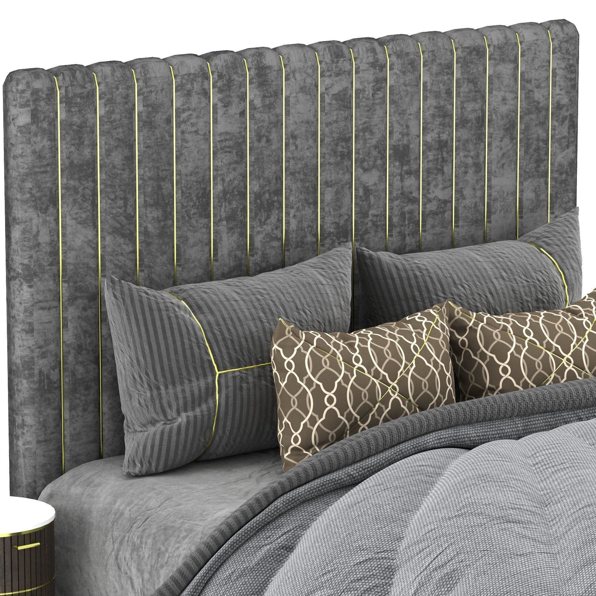 Bed 1 with velvet headboard and pillows 3D model_2