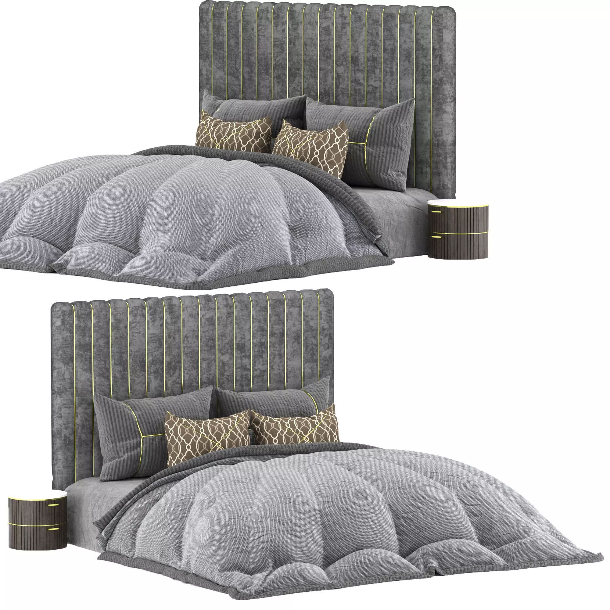 Bed 1 with velvet headboard and pillows 3D model_0