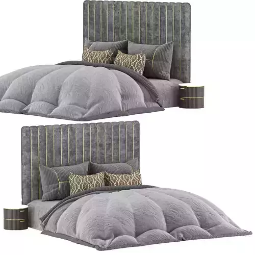 Bed 1 with velvet headboard and pillows