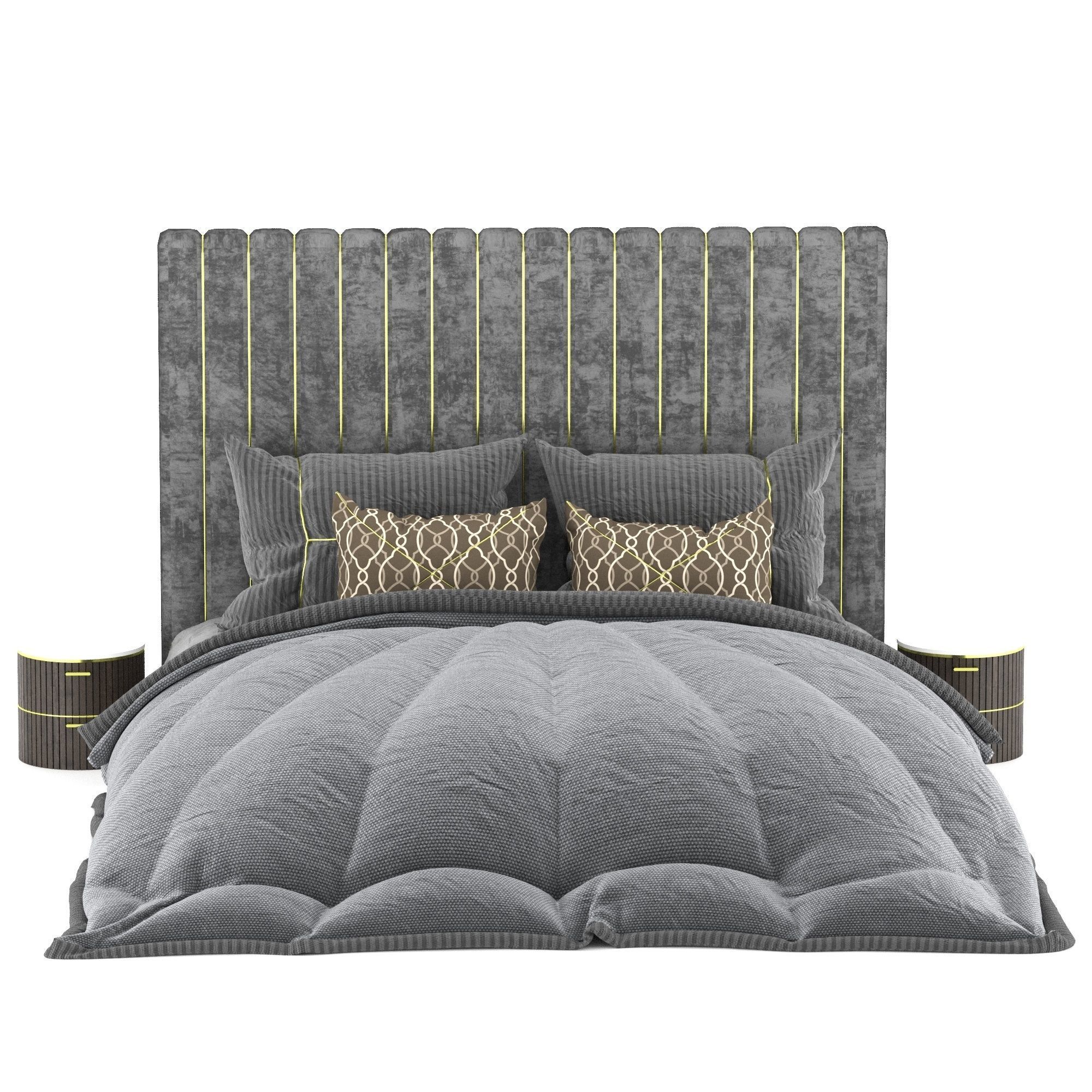 Bed 1 with velvet headboard and pillows 3D model_1