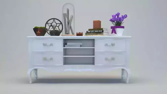 Comod dresser with books and flowers