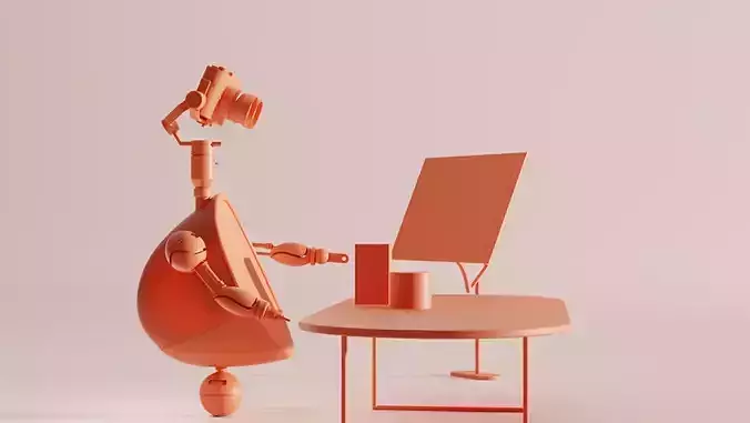 Robot orange at desk
