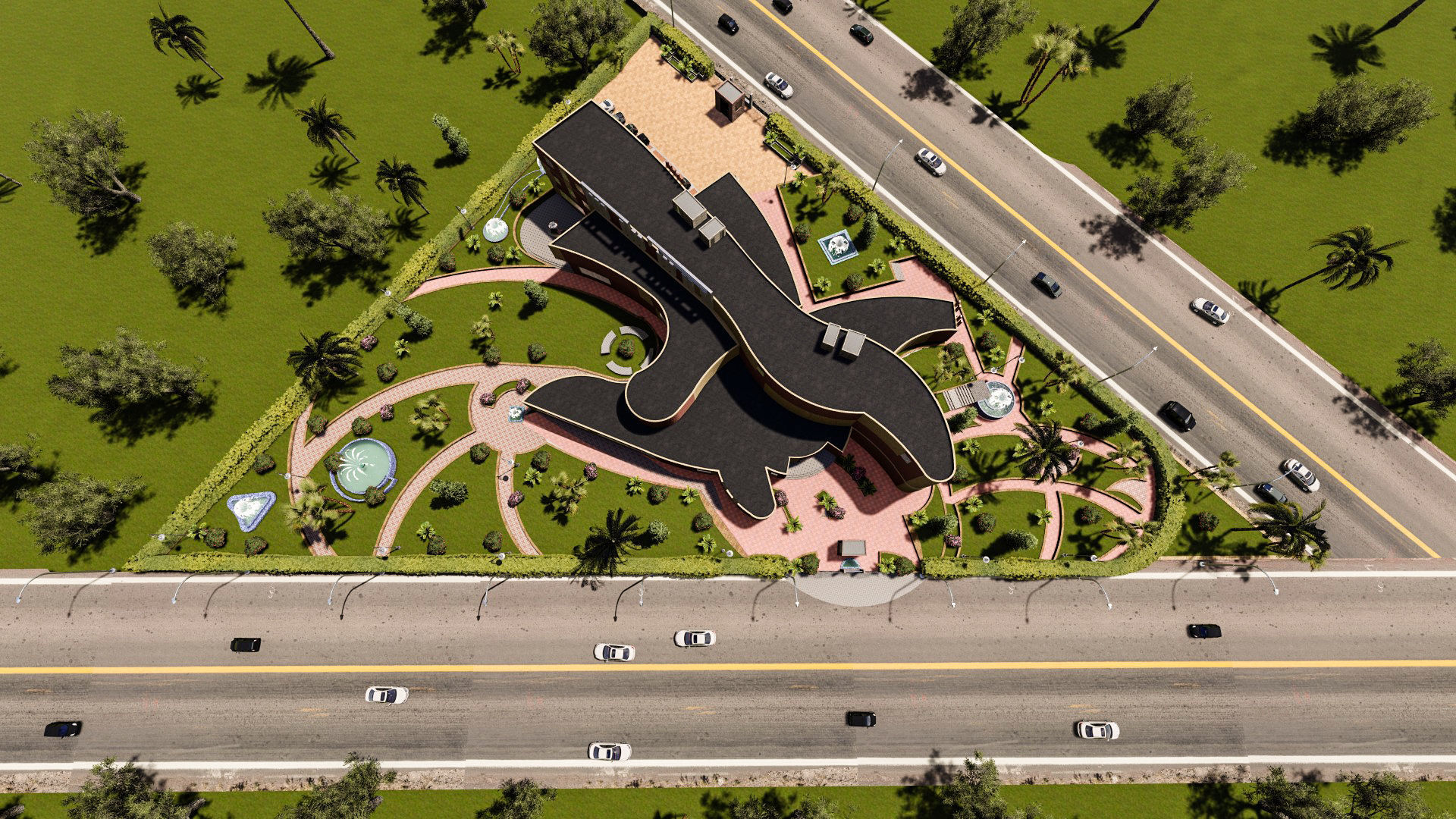 Museum garden with palm trees and shrubs 3D model_4