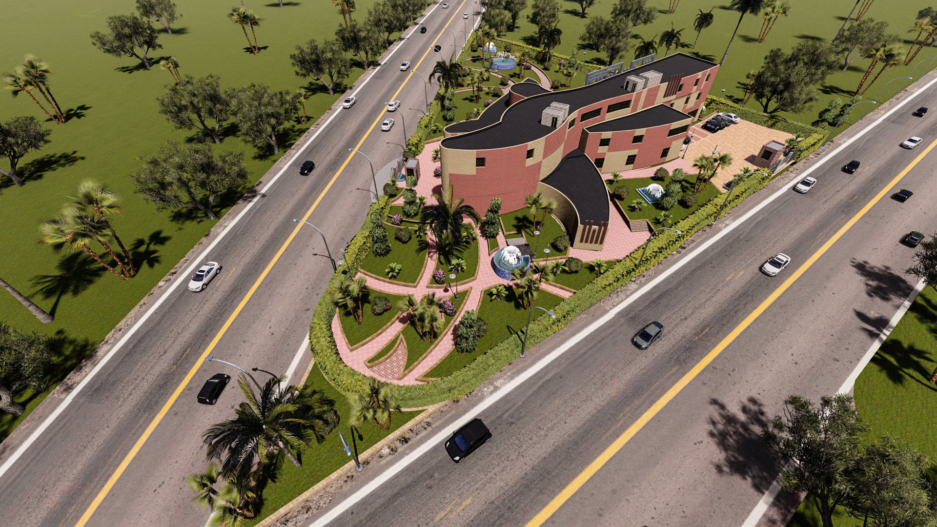 Museum garden with palm trees and shrubs 3D model_2