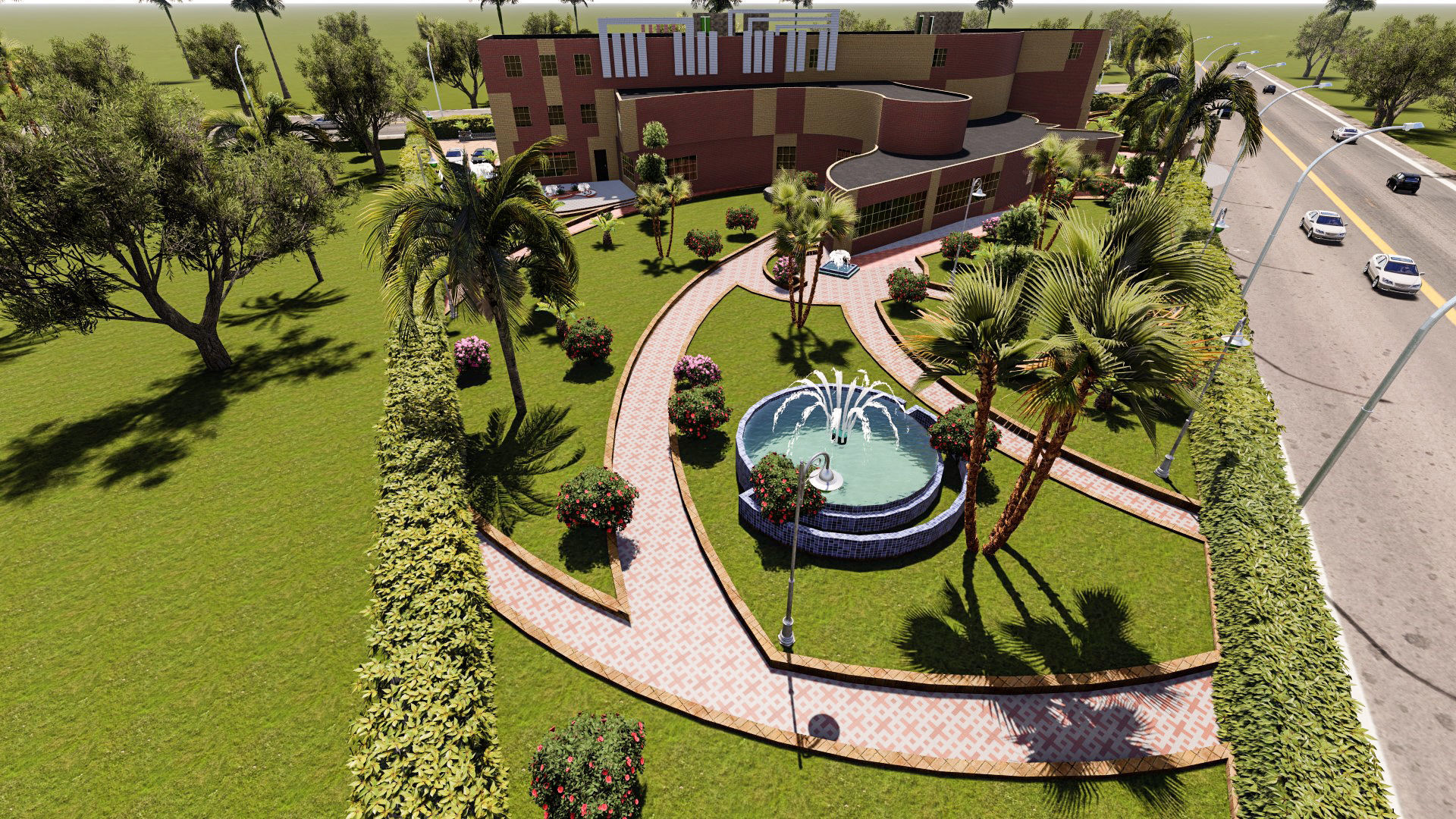 Museum garden with palm trees and shrubs 3D model_6