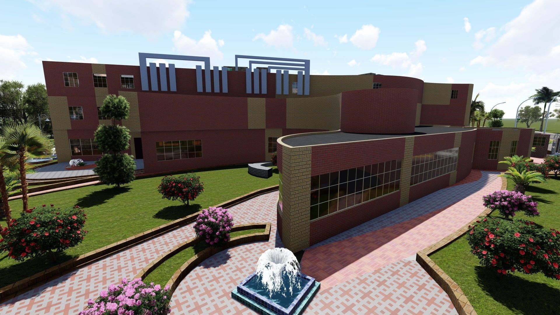 Museum garden with palm trees and shrubs 3D model_1