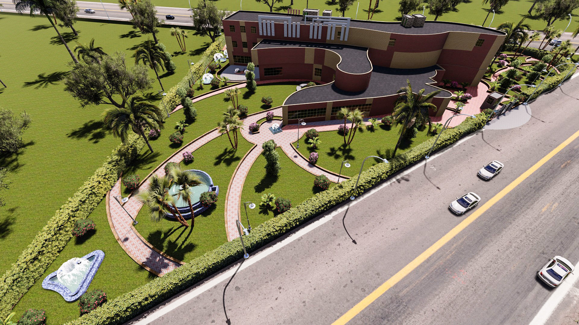 Museum garden with palm trees and shrubs 3D model_3