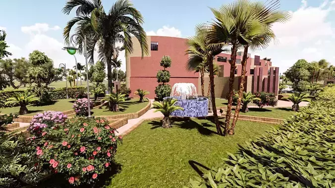 Museum garden with palm trees and shrubs