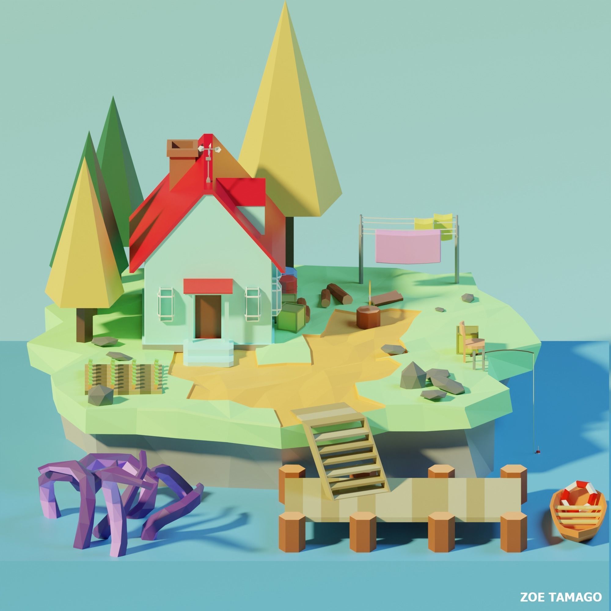 Isometric Low Poly House on an Island by Zoe Tamago Low-poly 3D model_8