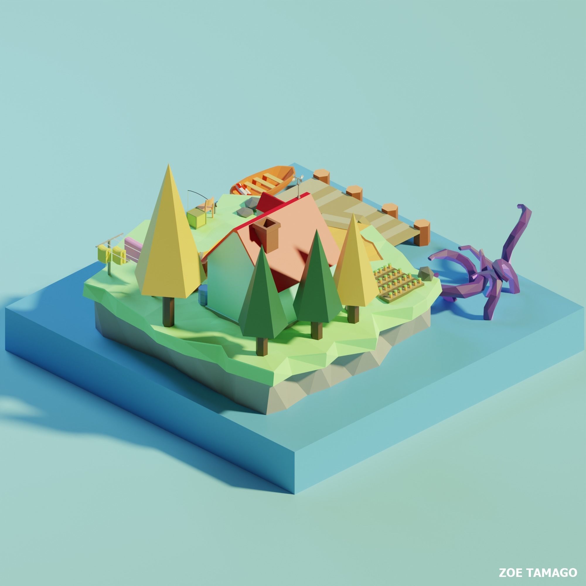 Isometric Low Poly House on an Island by Zoe Tamago Low-poly 3D model_5