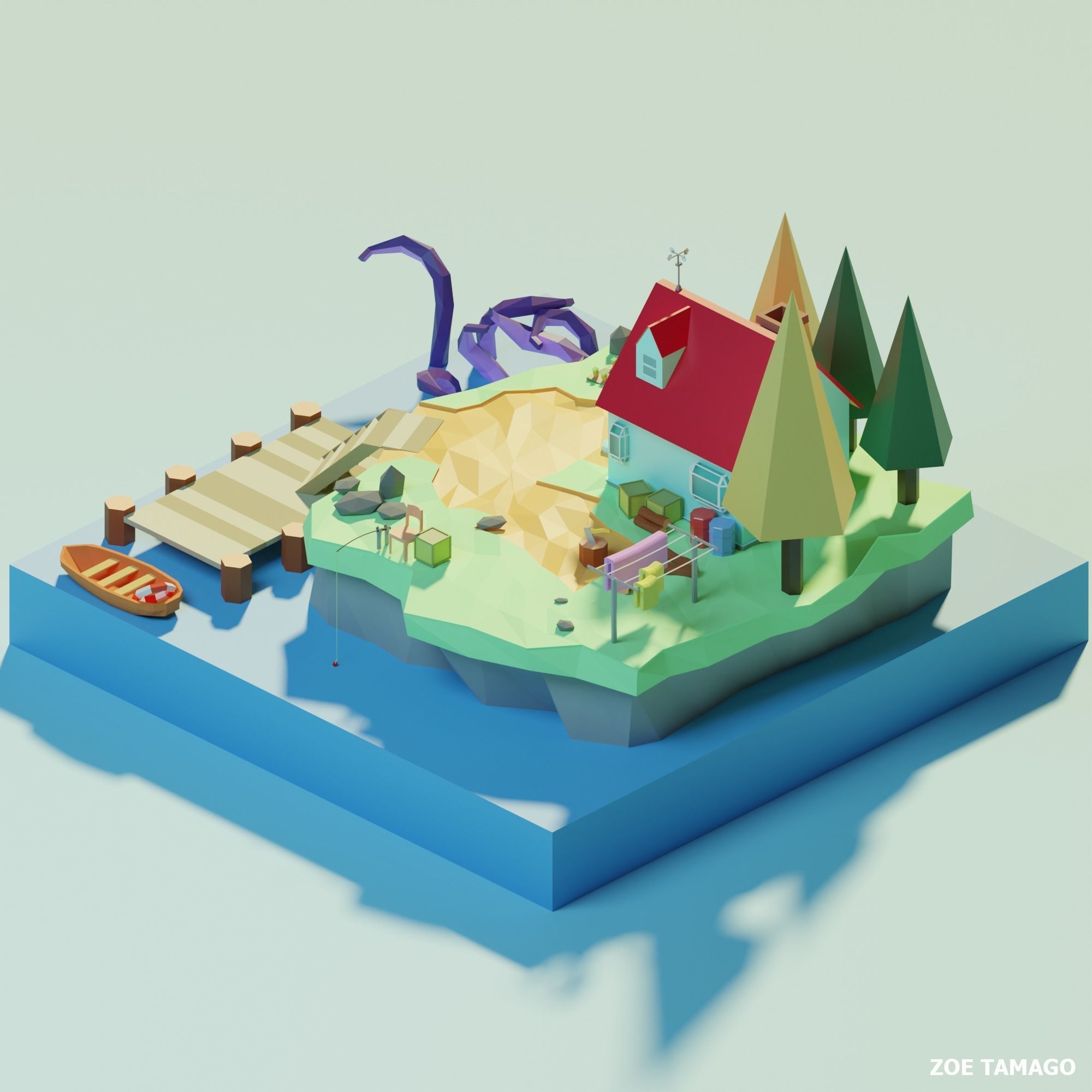Isometric Low Poly House on an Island by Zoe Tamago Low-poly 3D model_6