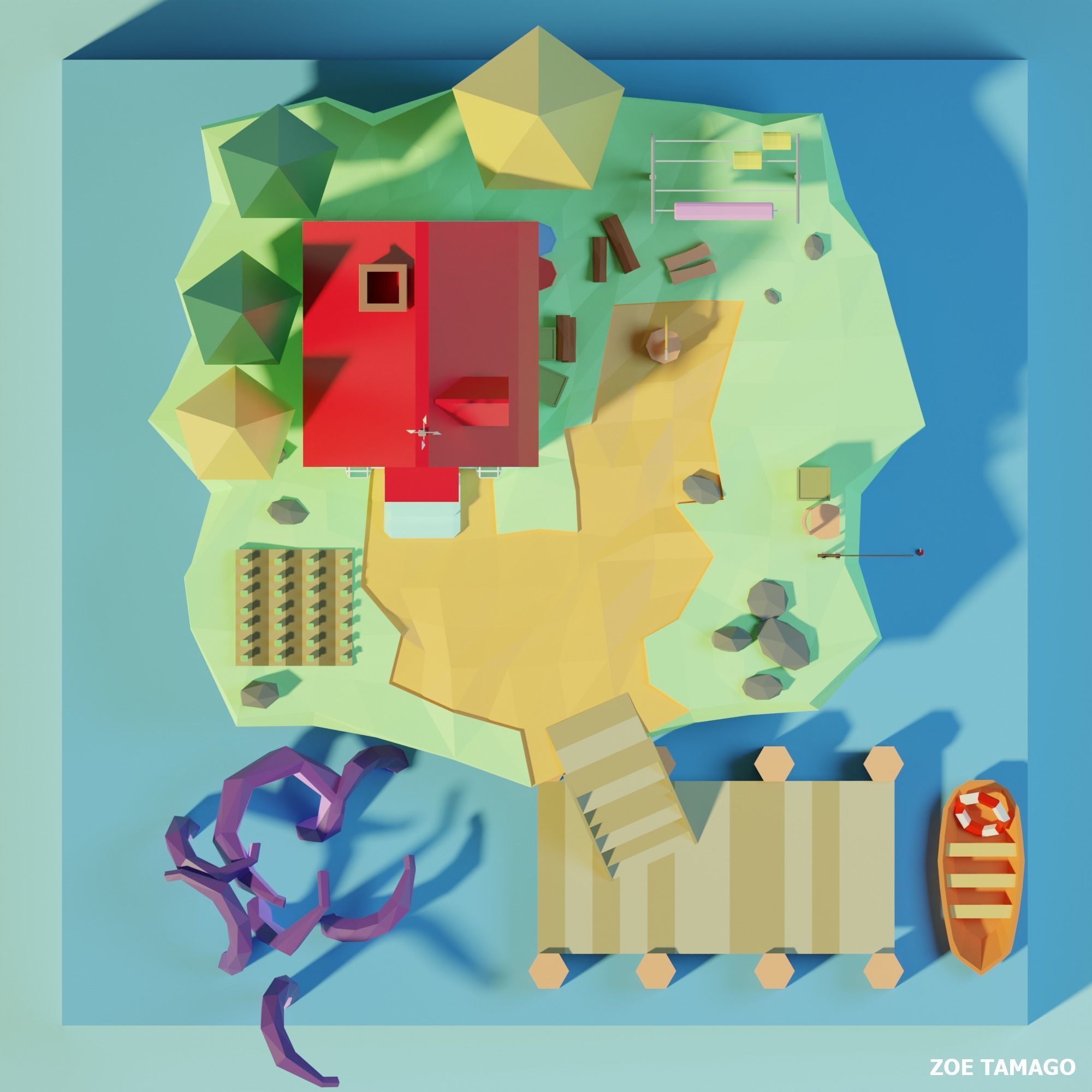 Isometric Low Poly House on an Island by Zoe Tamago Low-poly 3D model_3