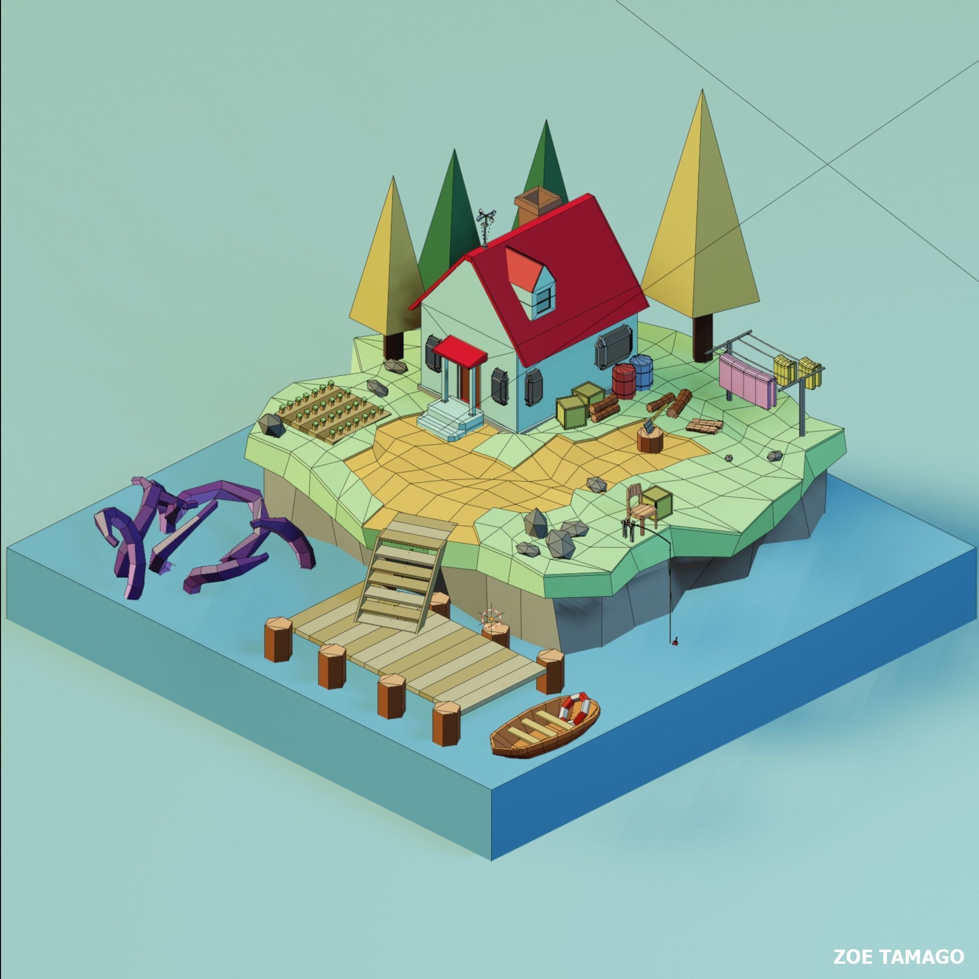Isometric Low Poly House on an Island by Zoe Tamago Low-poly 3D model_1