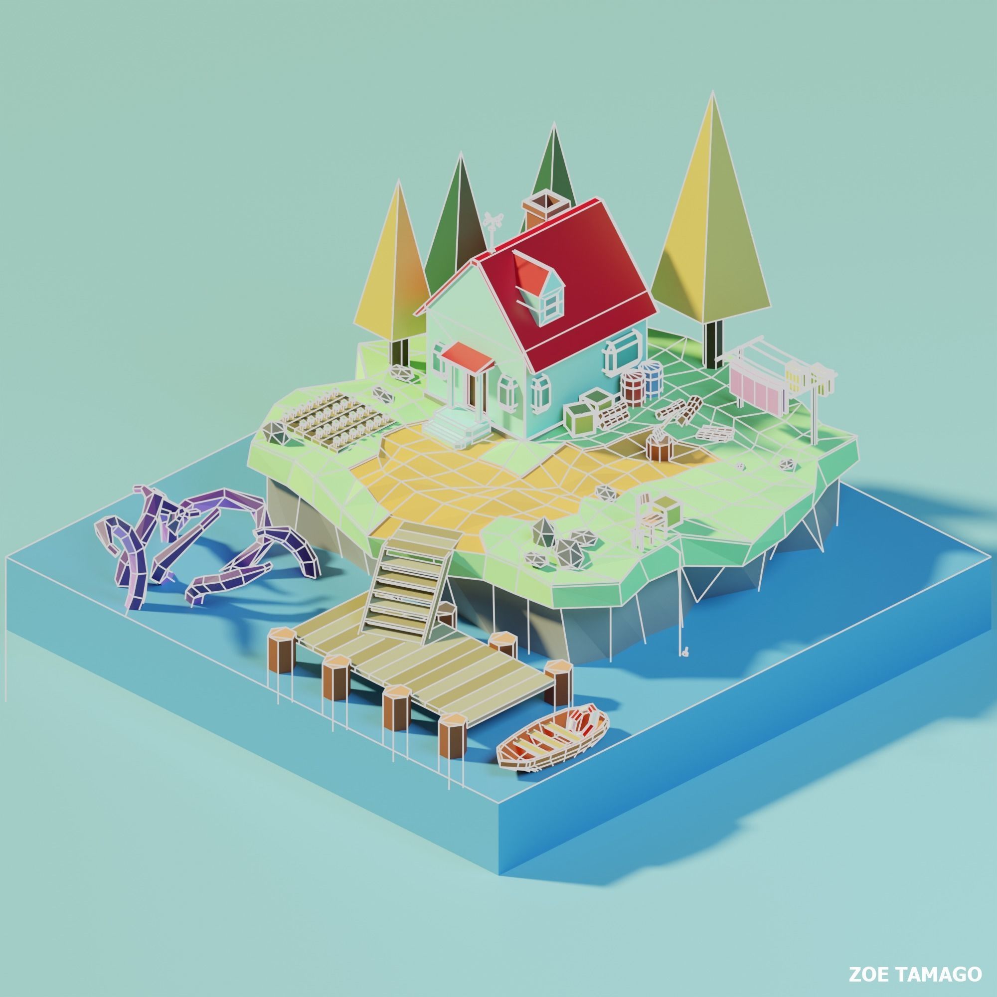 Isometric Low Poly House on an Island by Zoe Tamago Low-poly 3D model_2