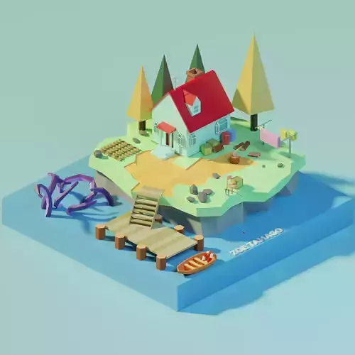 Isometric Low Poly House on an Island by Zoe Tamago