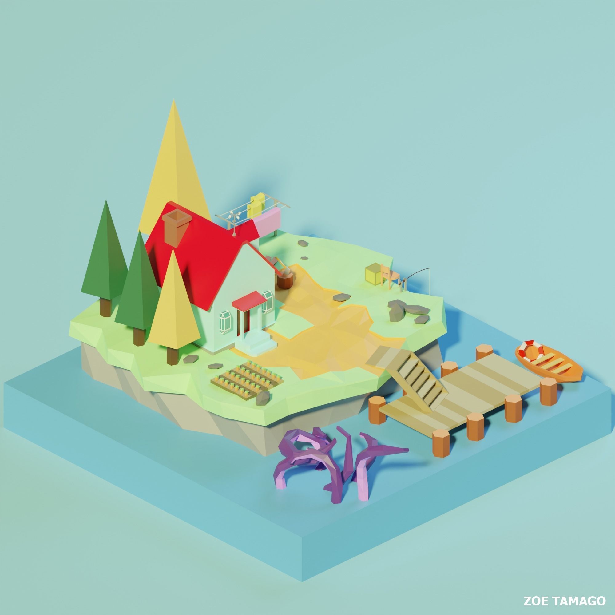 Isometric Low Poly House on an Island by Zoe Tamago Low-poly 3D model_4