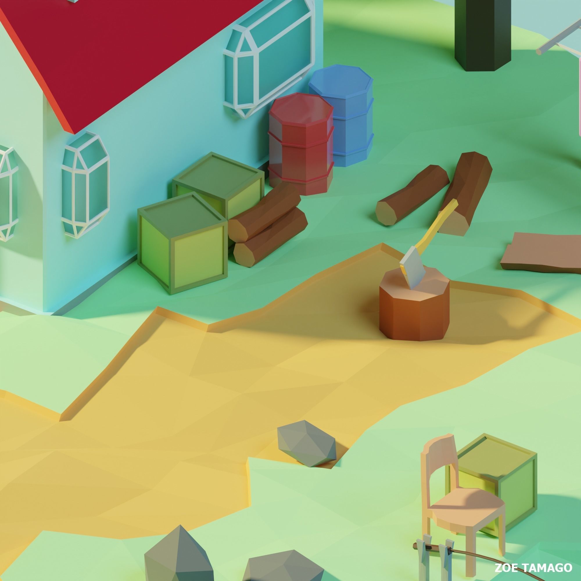 Isometric Low Poly House on an Island by Zoe Tamago Low-poly 3D model_7