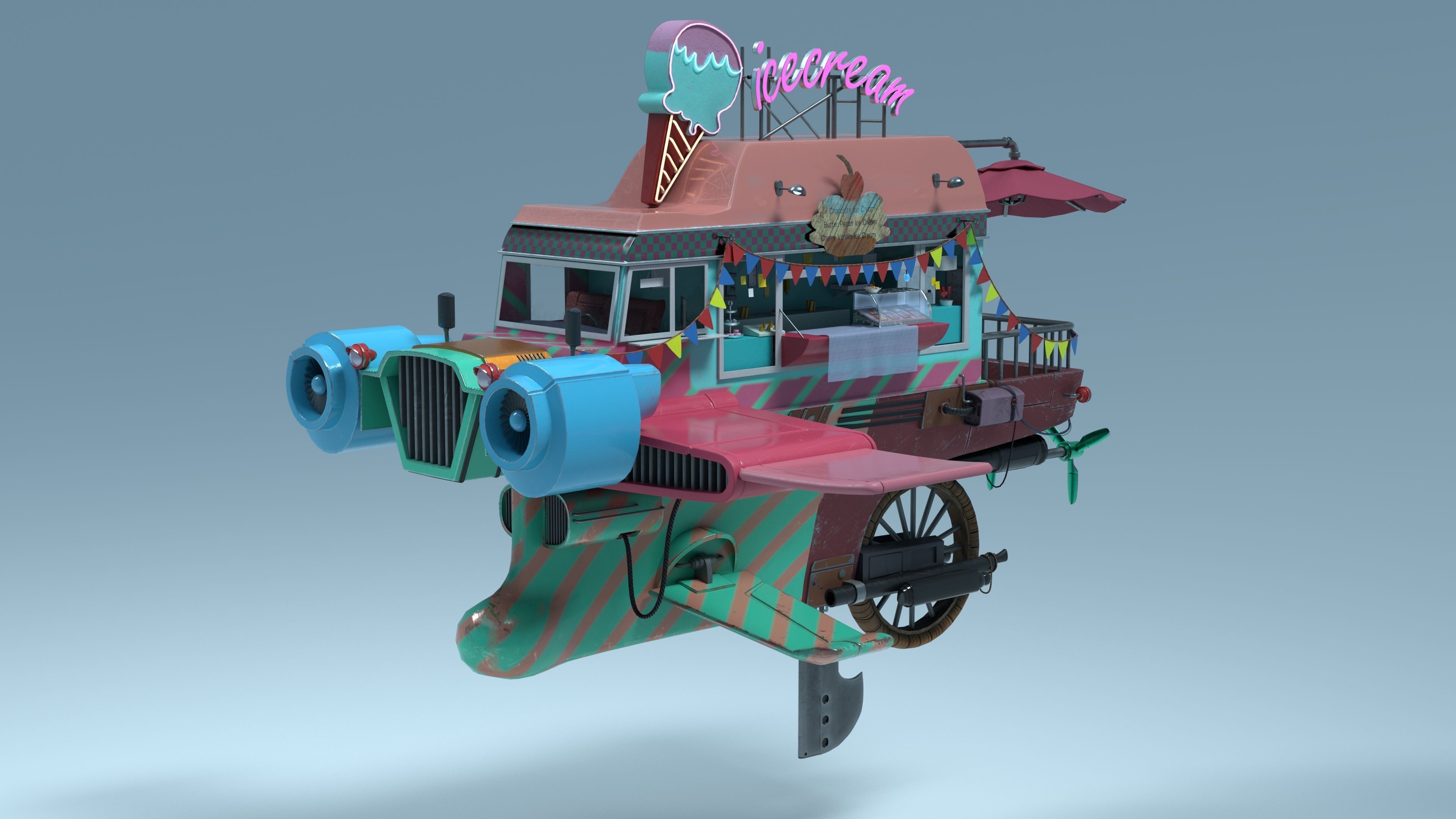Flying Ice Cream Truck Low-poly 3D model_2