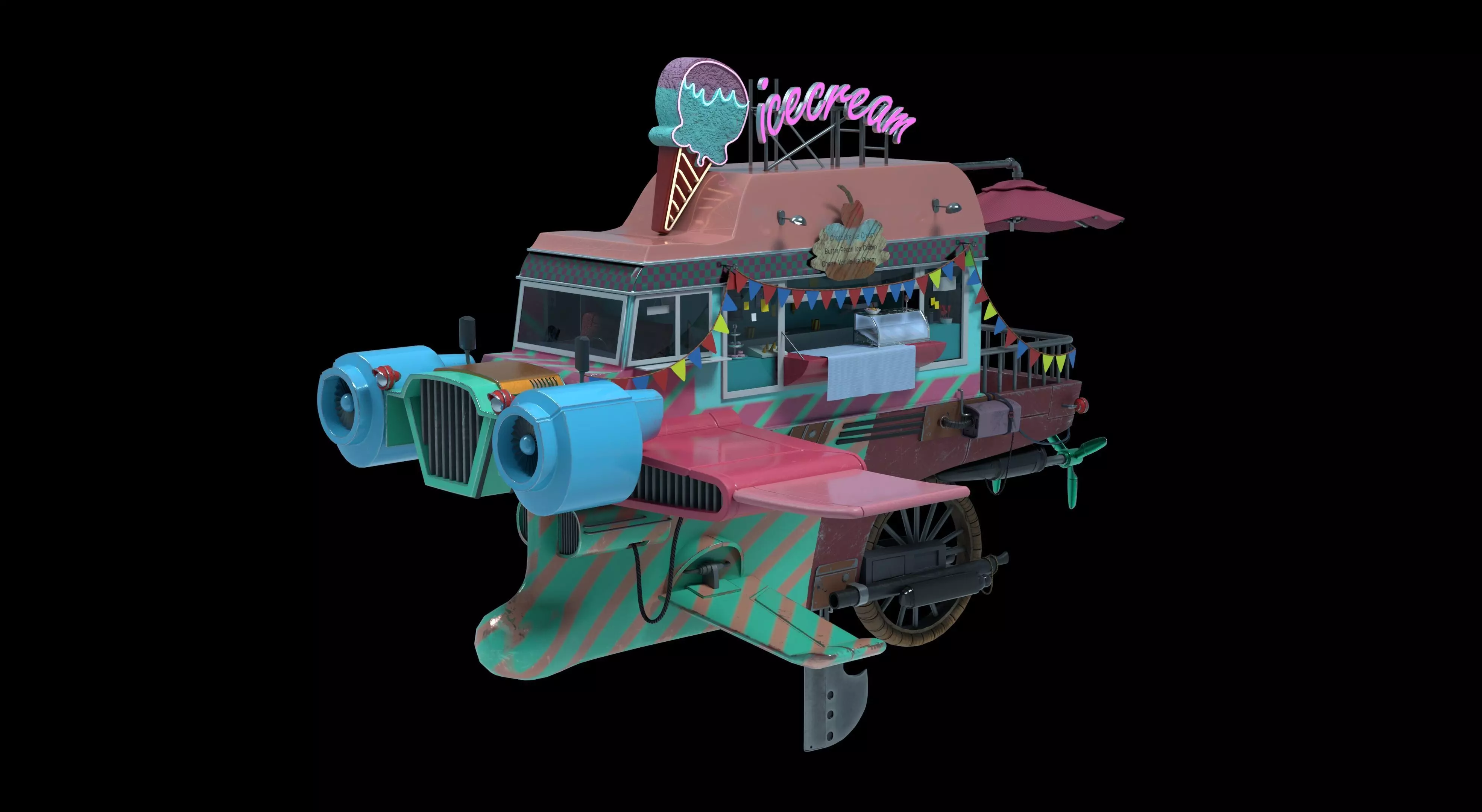 Flying Ice Cream Truck Low-poly 3D model_0