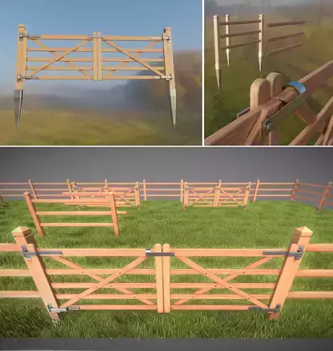  Low-Poly Pine Wood Fence with Animated Door