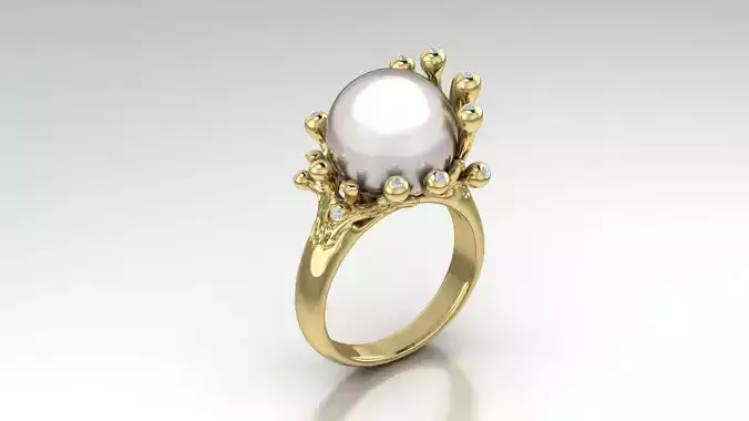 Ring 3D print model gold with pearl and diamonds