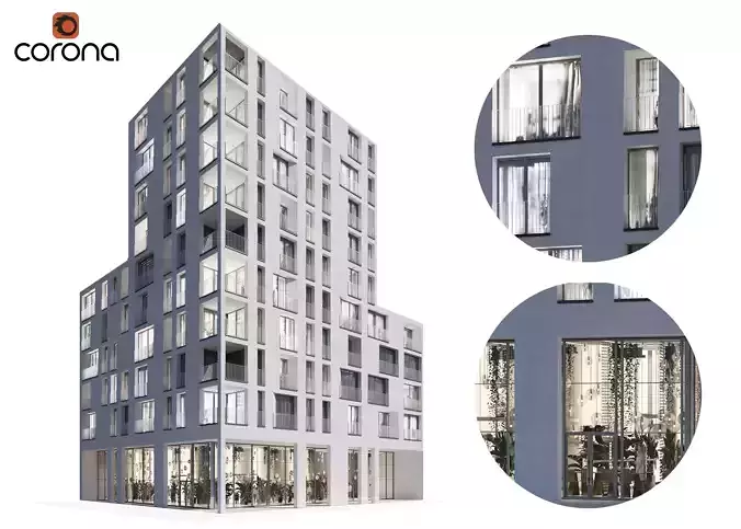 Modern residential building 01 - night 3D model
