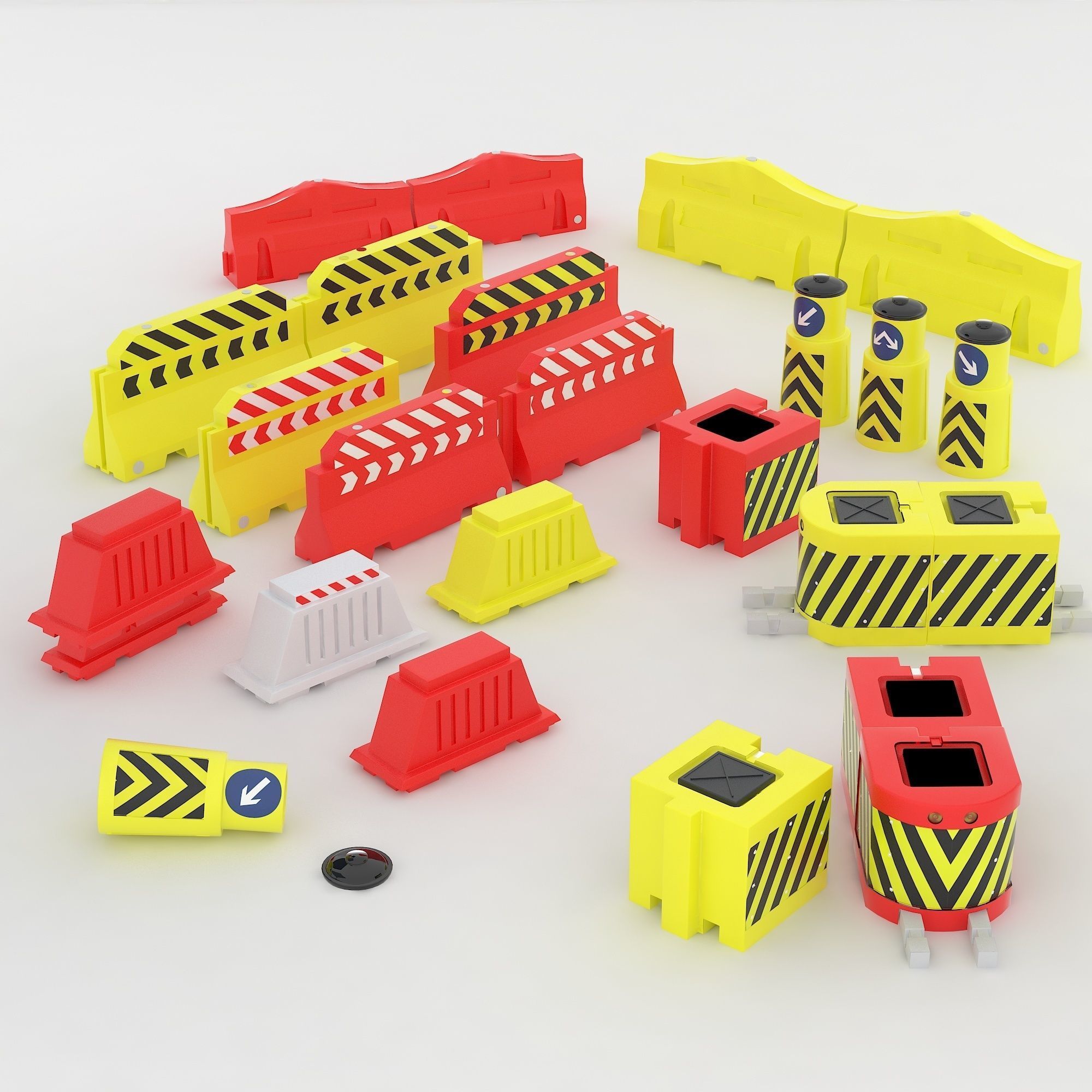 Traffic drums and warning road barriers Low-poly 3D model