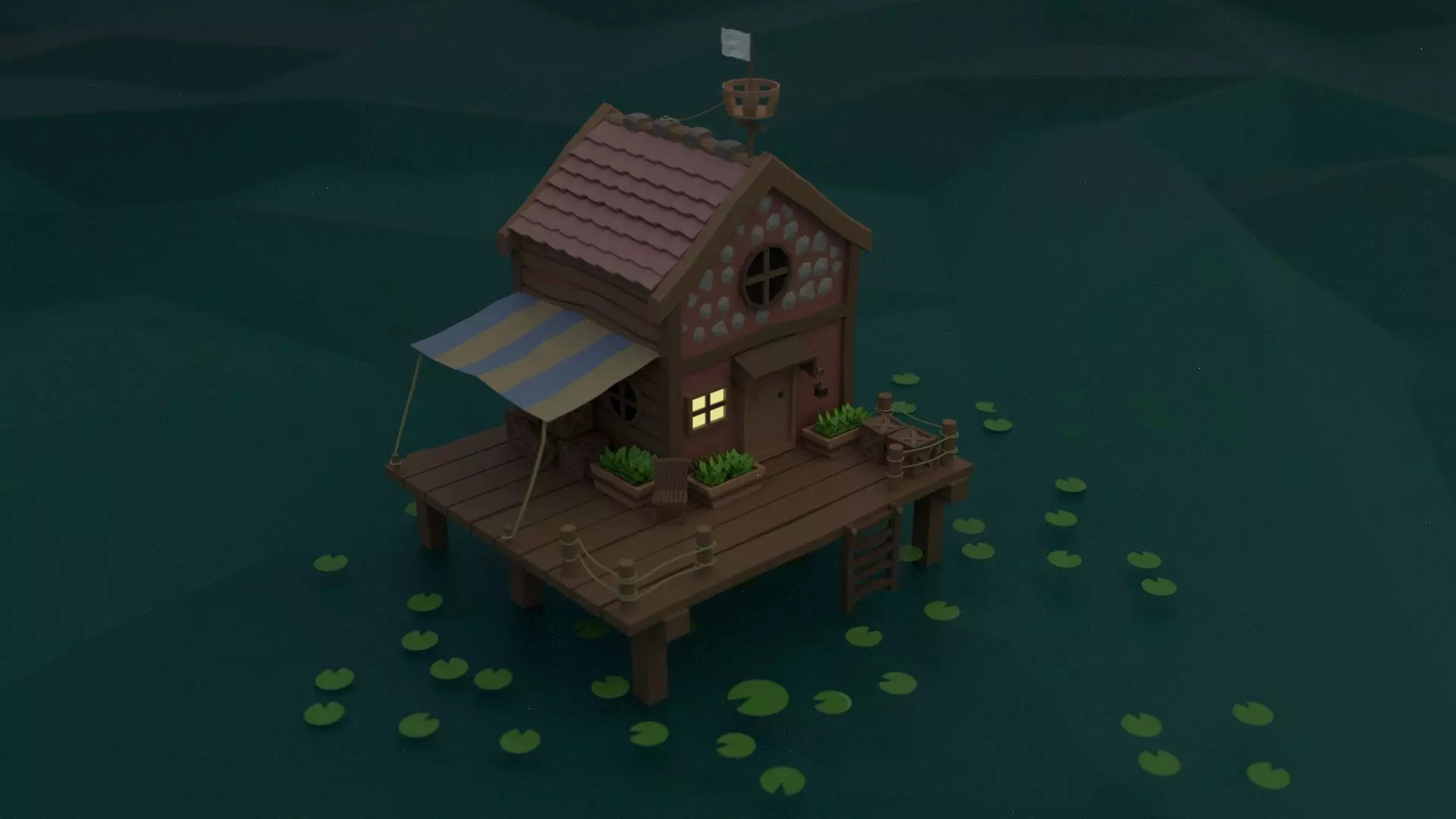 Lowpoly house on floating island 3D model_0