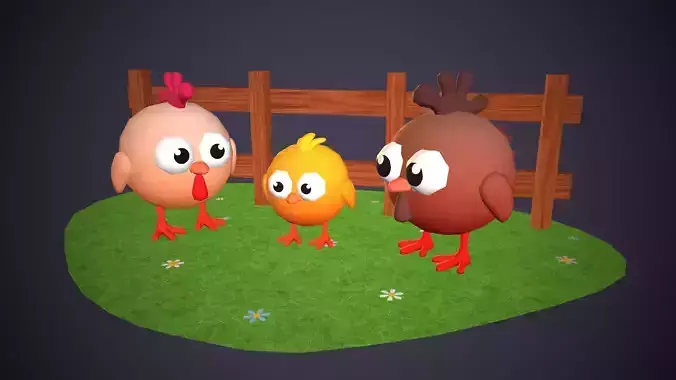 Cartoon Chicken Family Low-poly 3D model