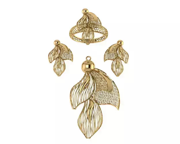 vision set gold plated leaf pendant and earrings 3D model