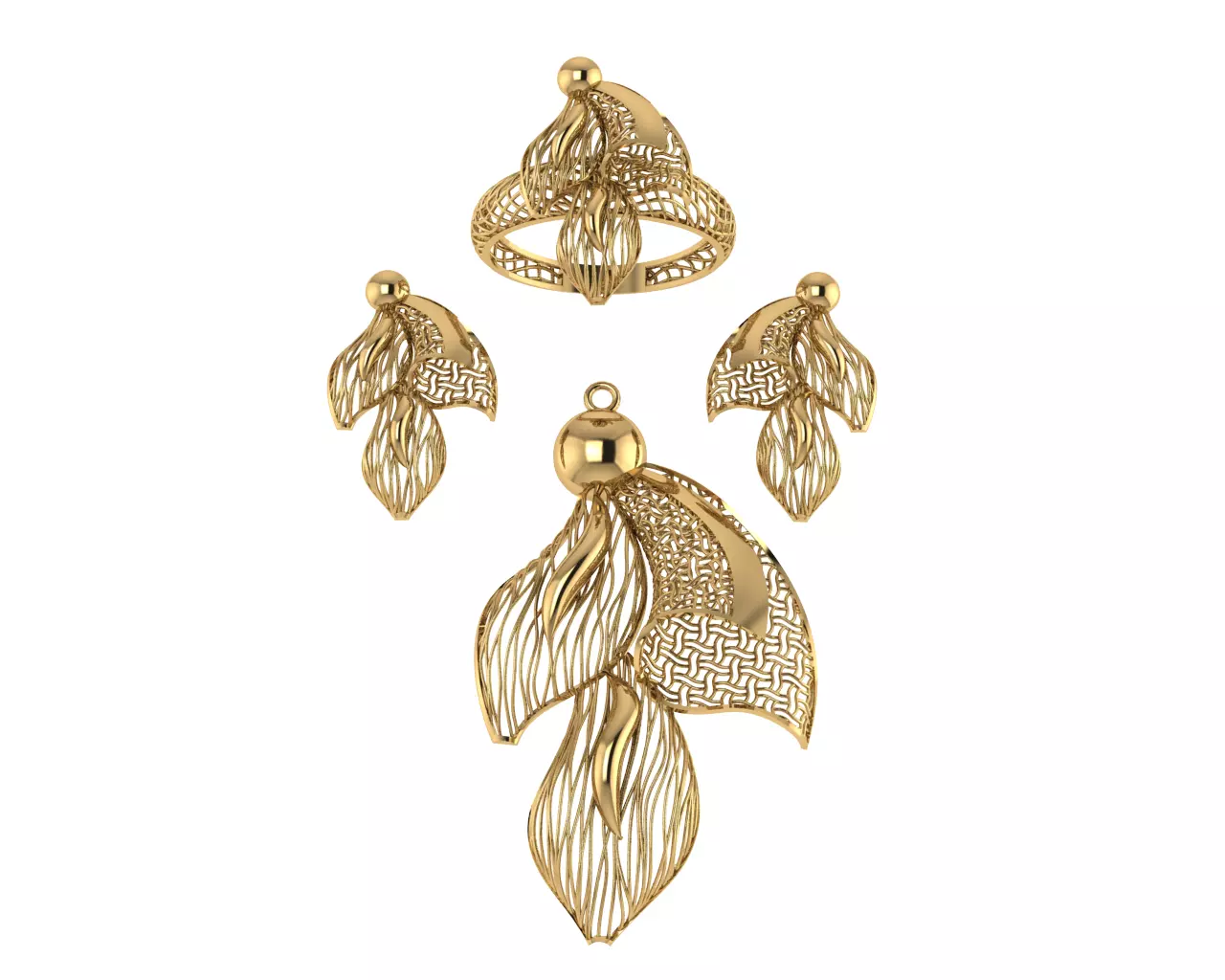 vision set gold plated leaf pendant and earrings 3D model_0