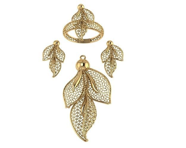 vision set gold plated leaf ring and earrings 3D model