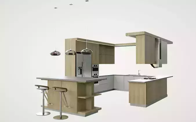 kitchen 3d model modern with bar stools