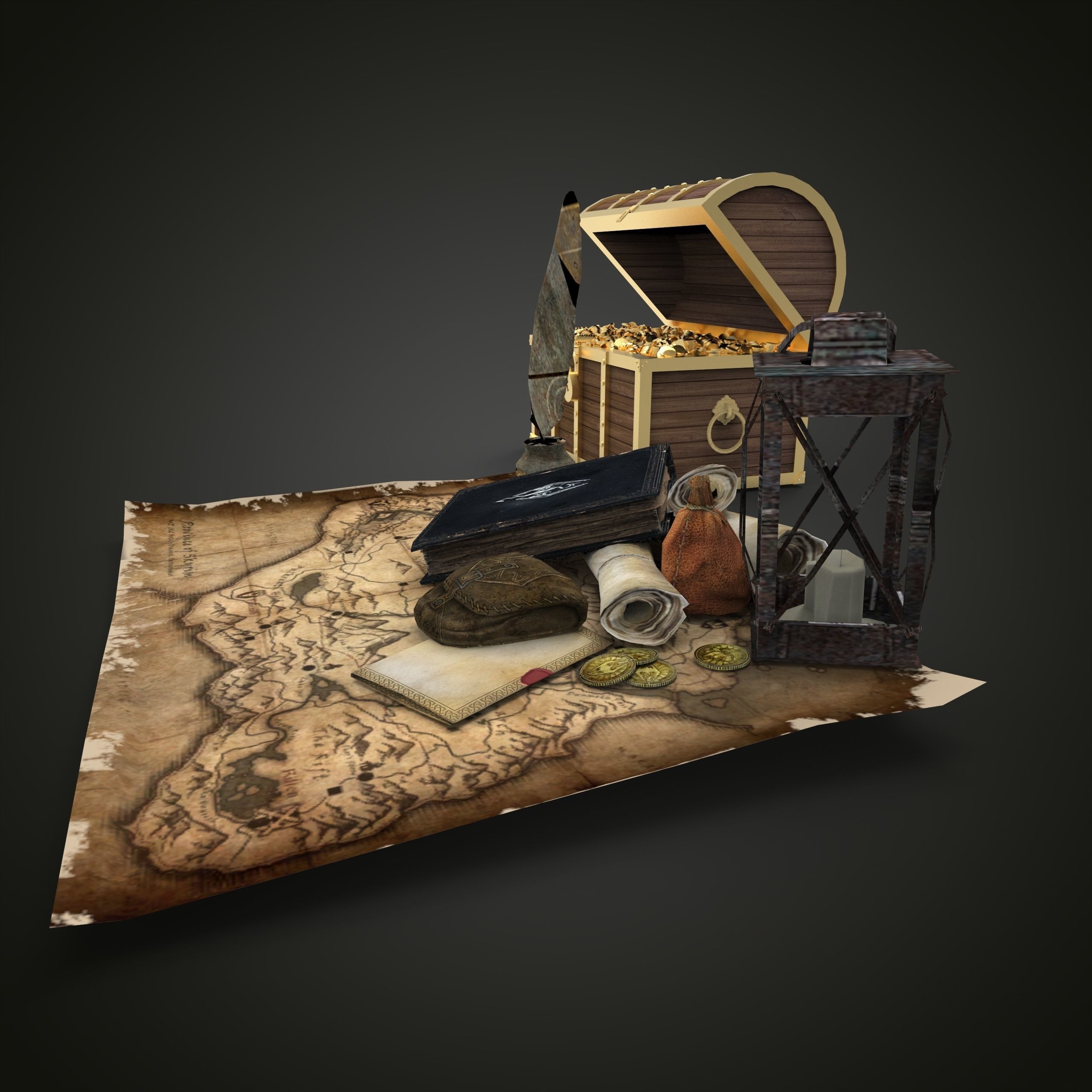 Treasure pirate chest on map Low-poly 3D model_1