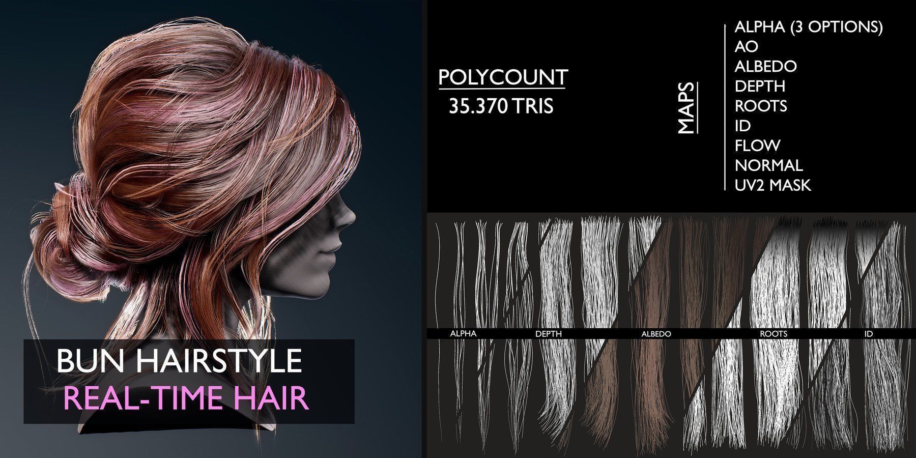 Game Real-Time Bun Hairstyle UE4 Low-poly 3D model_2