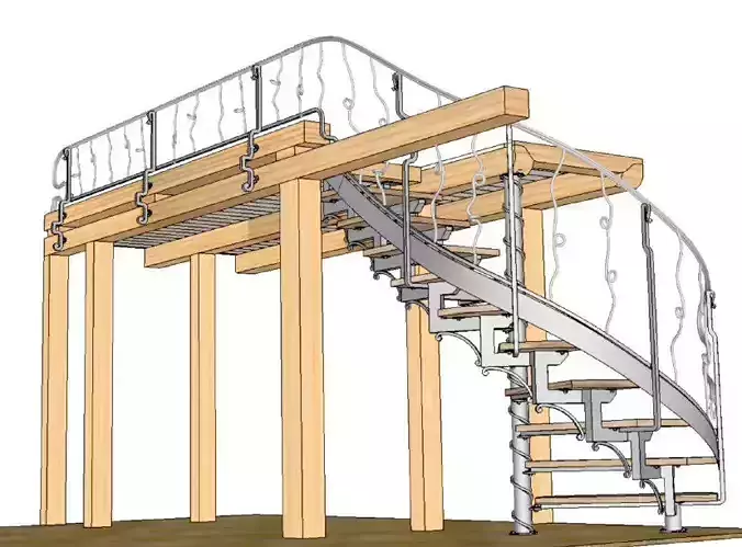 Spiral staircase with railing on the bed above