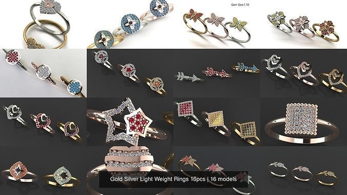 Gold Silver Light Weight Rings 16pcs 3D Model Collection