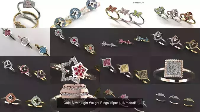 Gold Silver Light Weight Rings 16pcs 3D Model Collection