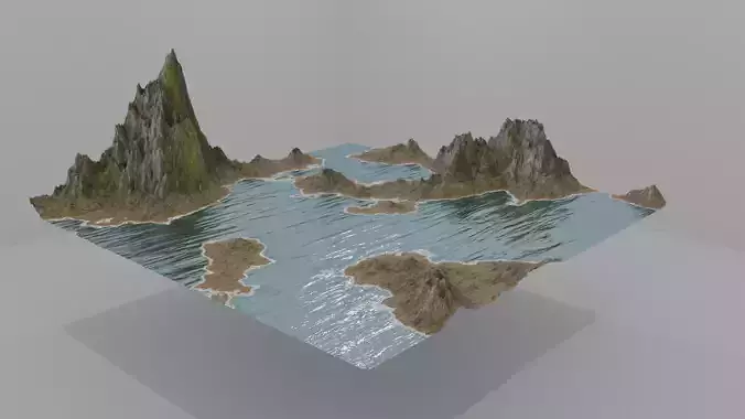 Realistic landscape island with mountains and water 3D model