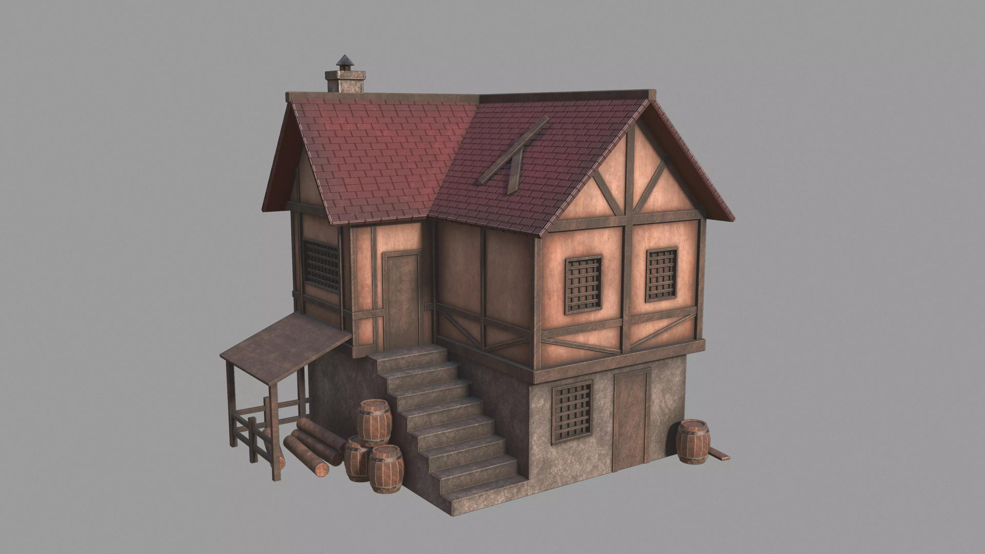 Medieval inn Low-poly 3D model_0