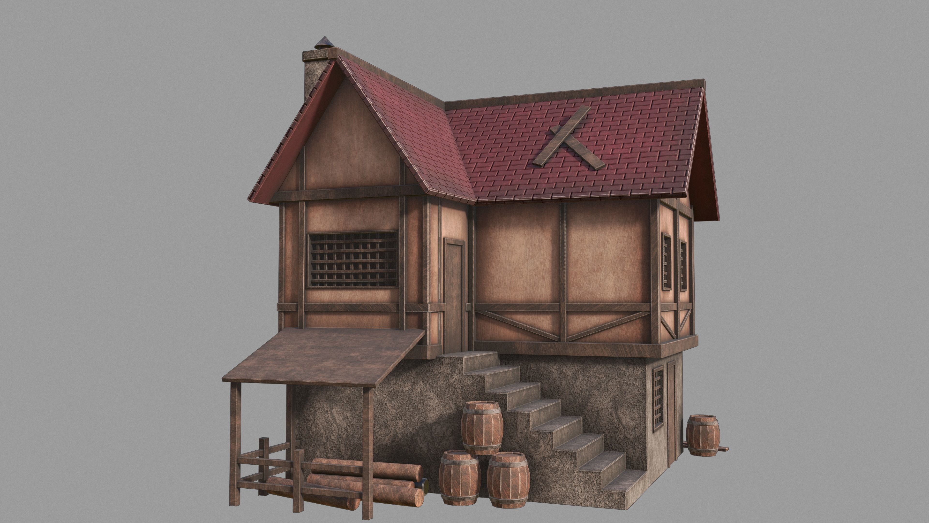 Medieval inn Low-poly 3D model_2