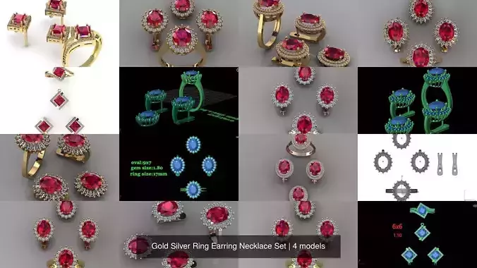 Gold Silver Ring Earring Necklace Set 3D Model Collection