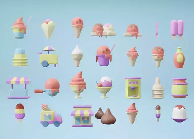 3d icons of many desserts object  in cartoon style