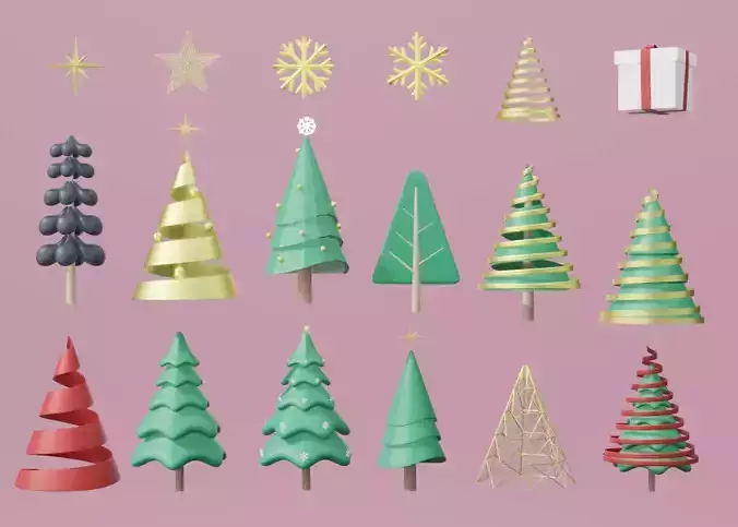 3d set of Christmas tree and Ornament 