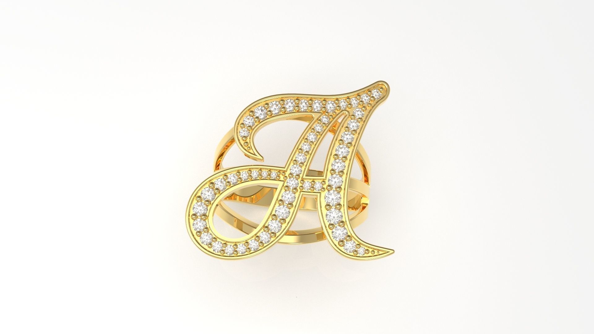 A Ring initial gold with diamonds 3D print model_3