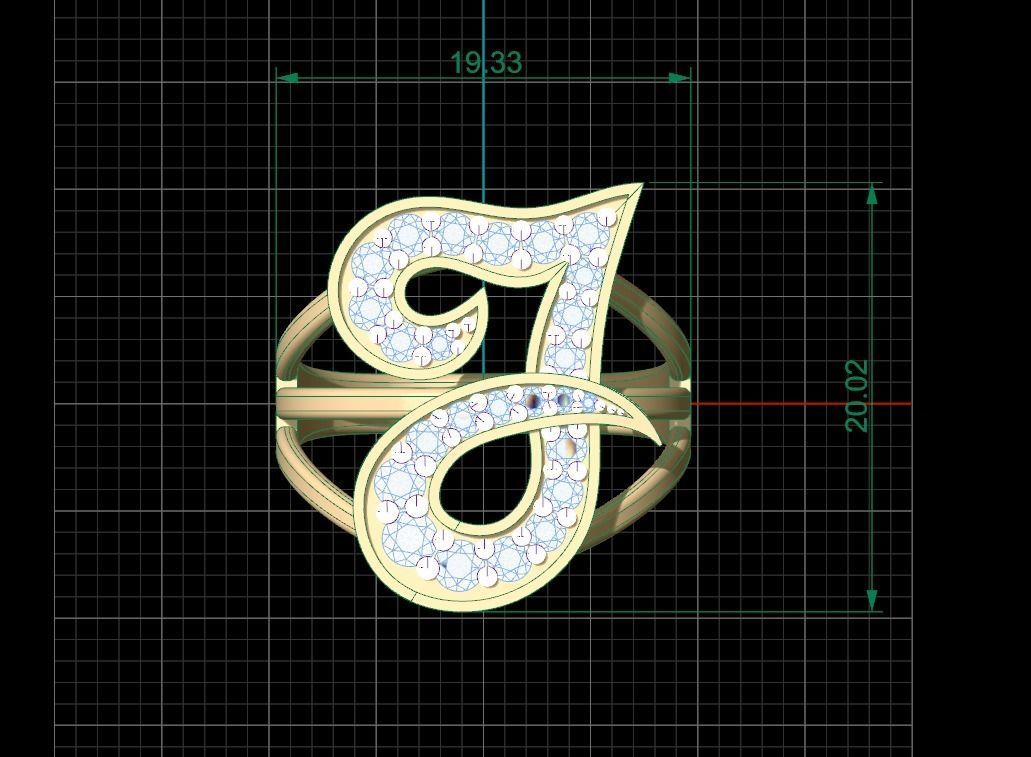 J Ring initial gold with diamonds 3D print model_9