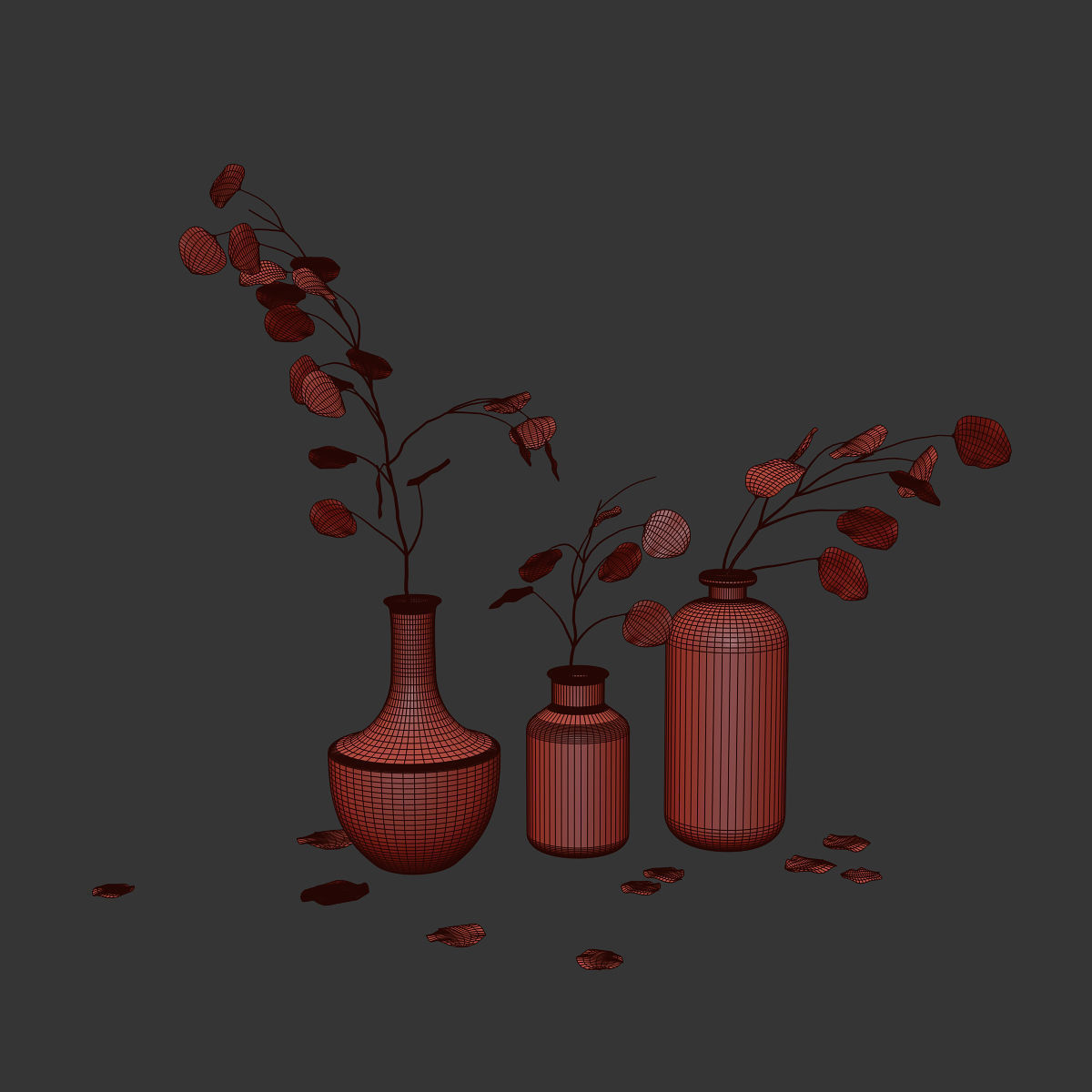 Eucalyptus 4 leaves in glass vases 3D model_6