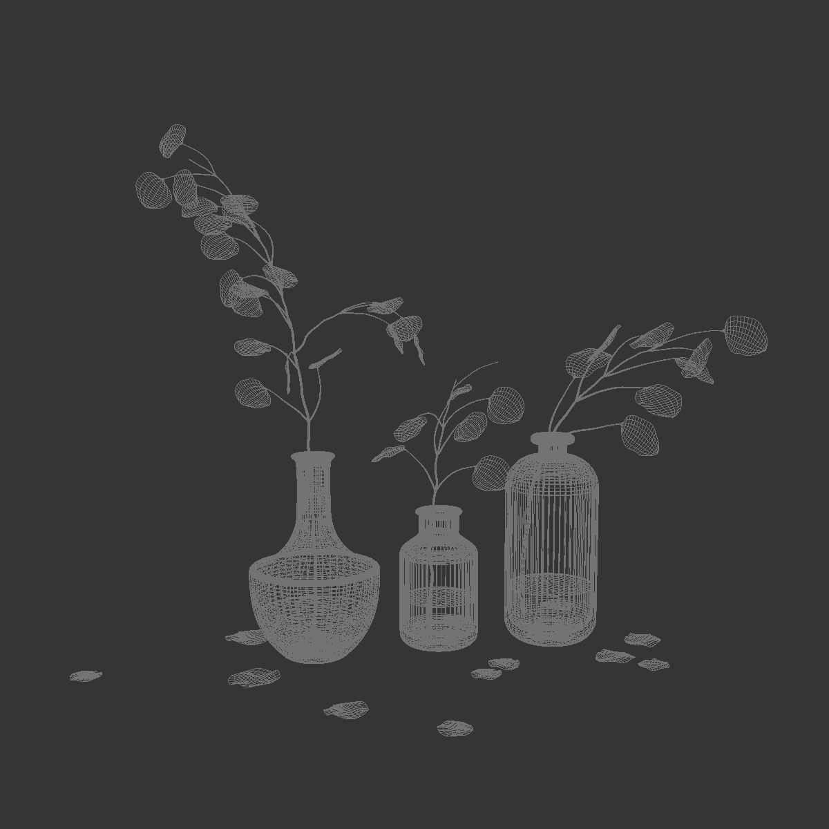 Eucalyptus 4 leaves in glass vases 3D model_7