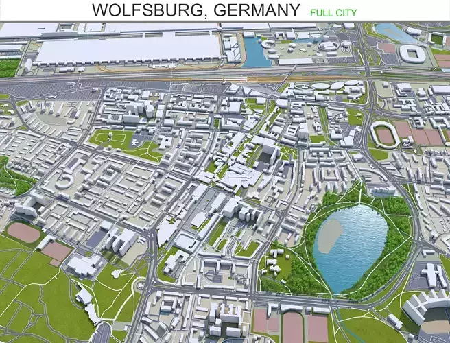 Wolfsburg City in Germany 40km Low-poly 3D model