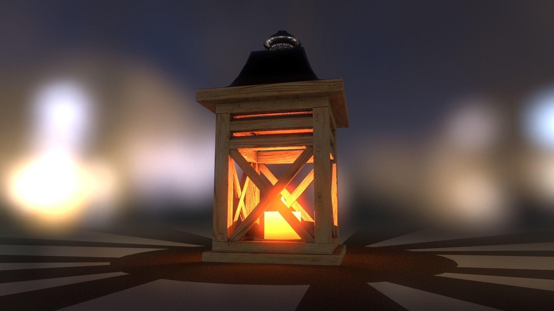 Burning candle in a wooden lantern 3D model_5